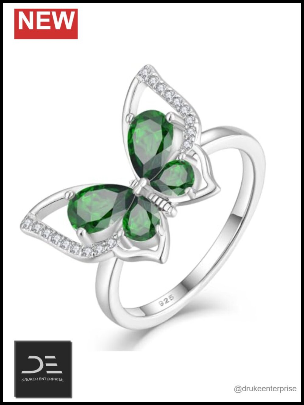 925 Sterling Silver Butterfly Statement Ring with Created Emerald for Women
